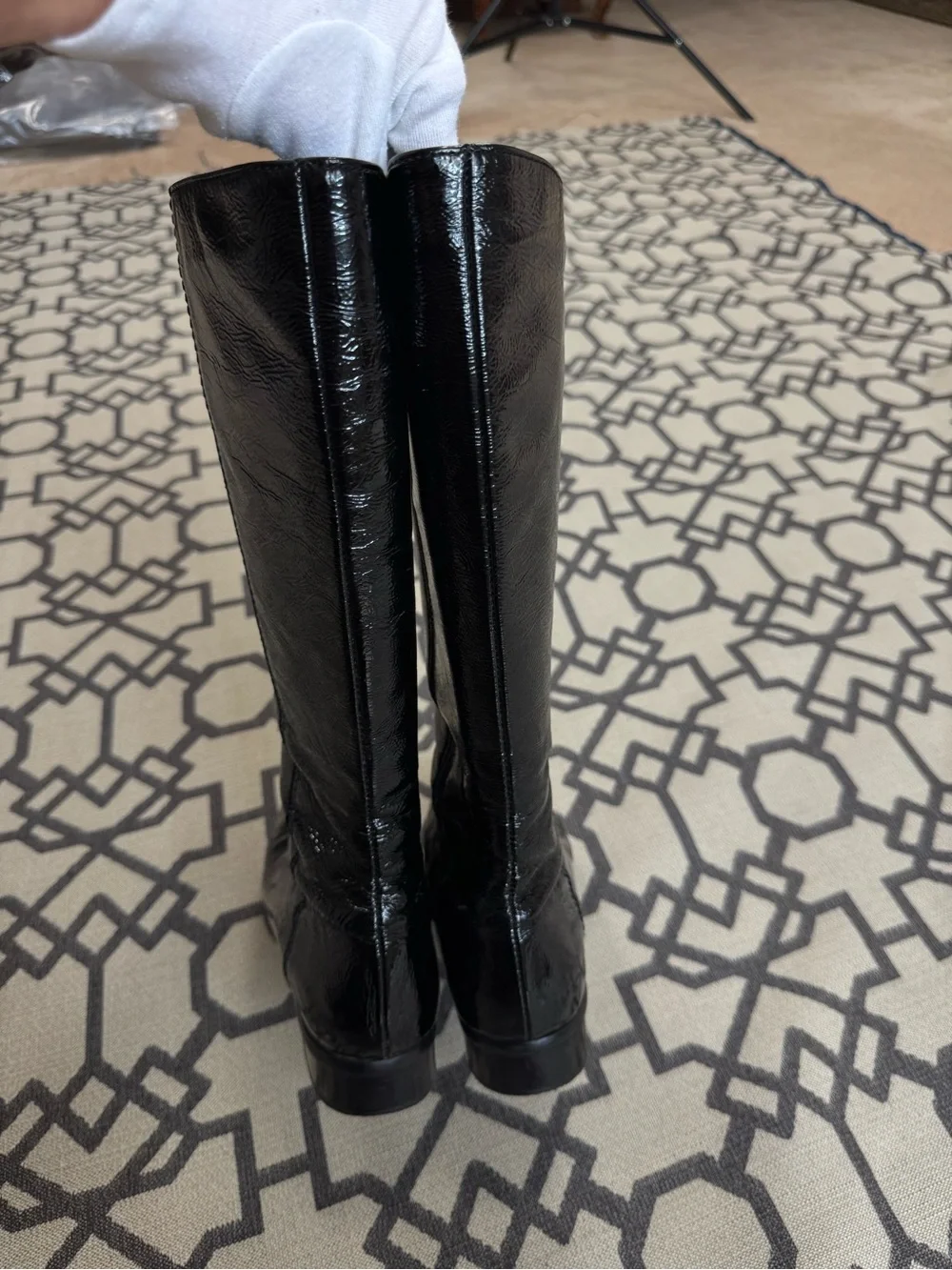 La Canadienne Black Patent Leather Knee High Square Toe Riding Boots Size 7.5 M